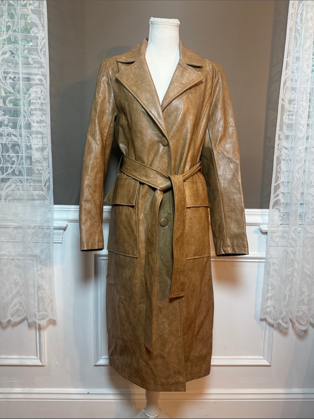 Avec‎ Les Filles Faux Leather Belted Trench Coat Tan Brown S